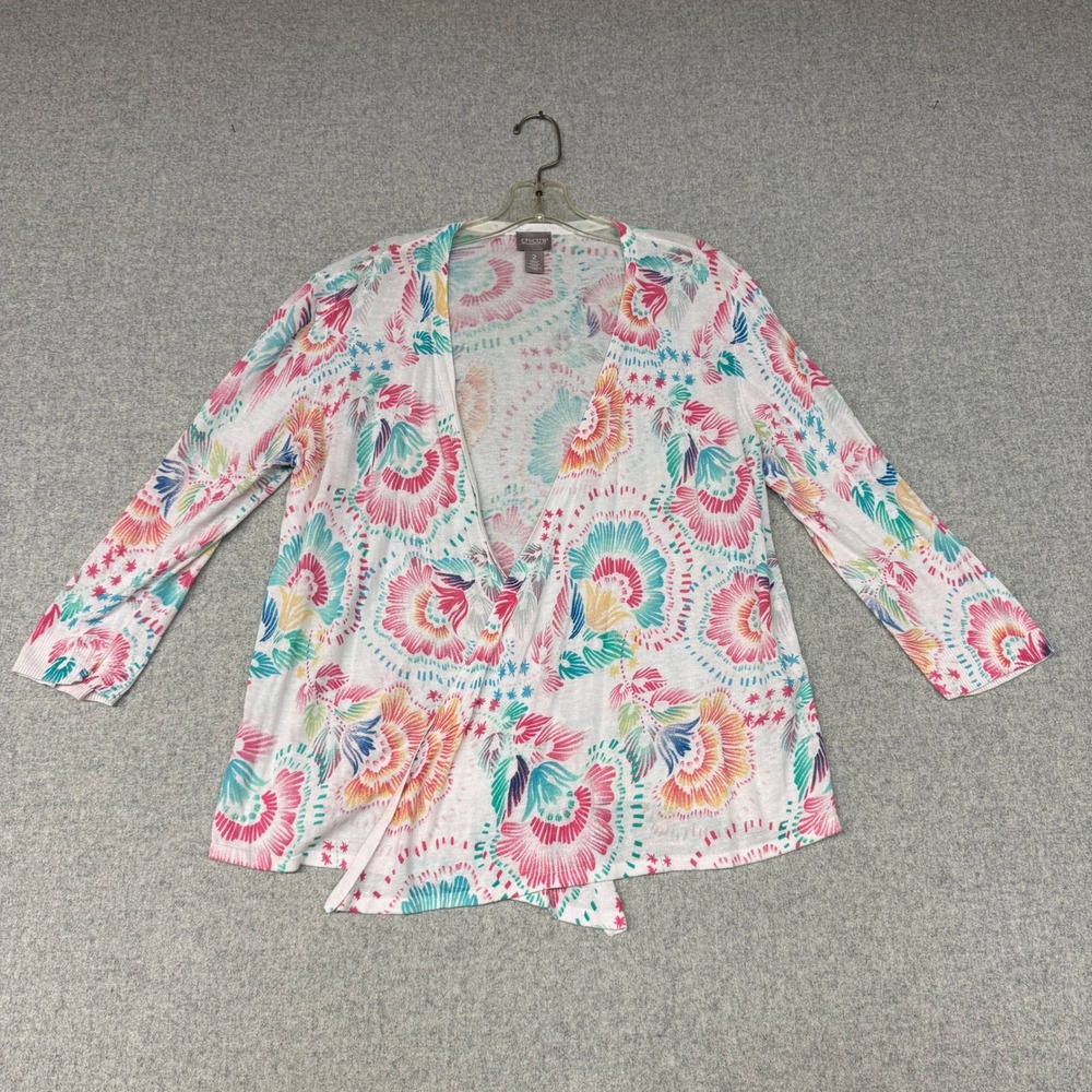 Chico's | Floral Cardigan | 2 | White Multi | Open Front Lightweight 3/4 Sleeve